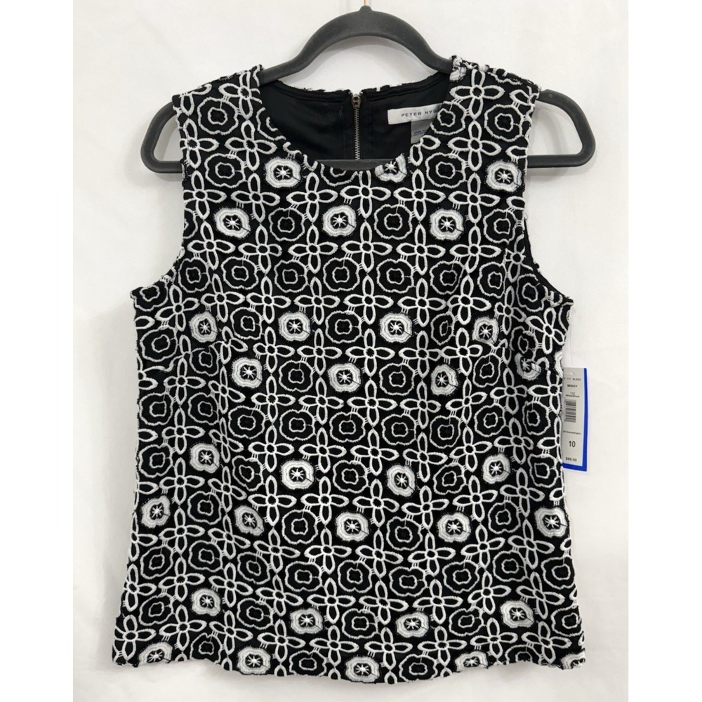 NWT Peter Nygard Black White Floral Embroidered Lined Sleeveless Top Womens 10